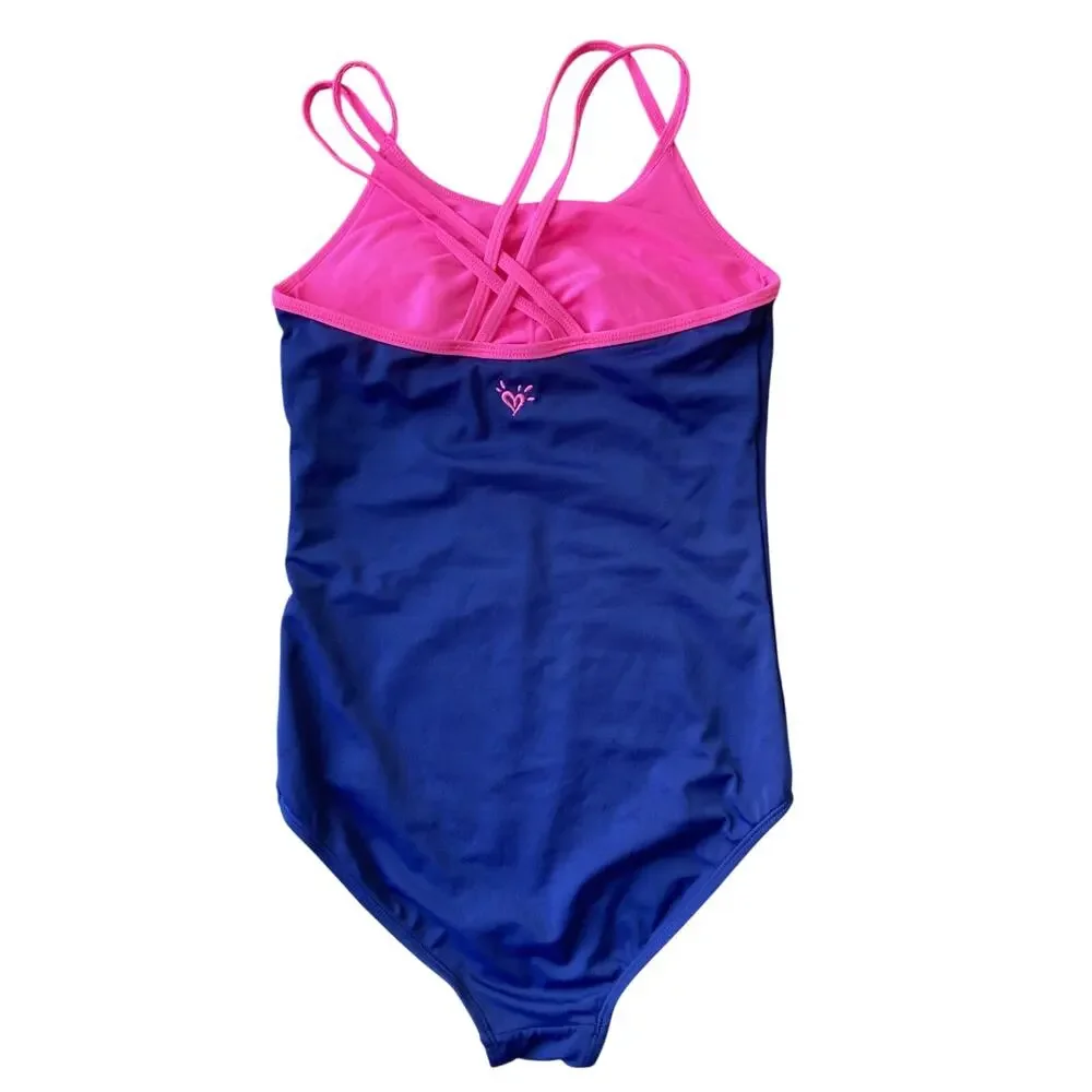 Justice One Piece Swimsuit Sz 14 Blue Pink Lining LOVE Sequin Flip Modest